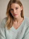 Cashmere Sequin Crochet Vneck Sweater- Mint