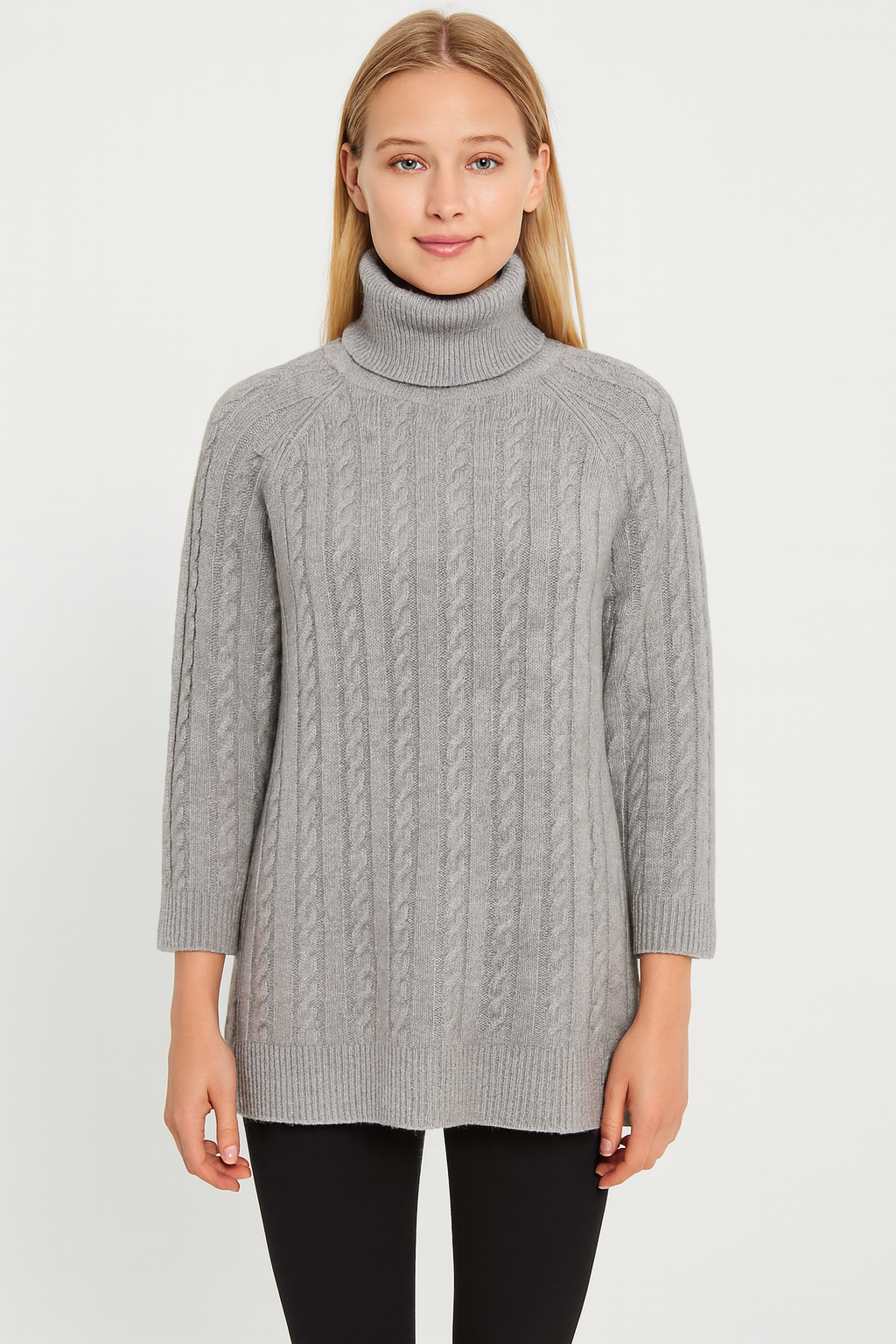 Pure Cashmere Cable Turtleneck Tunic - Gray