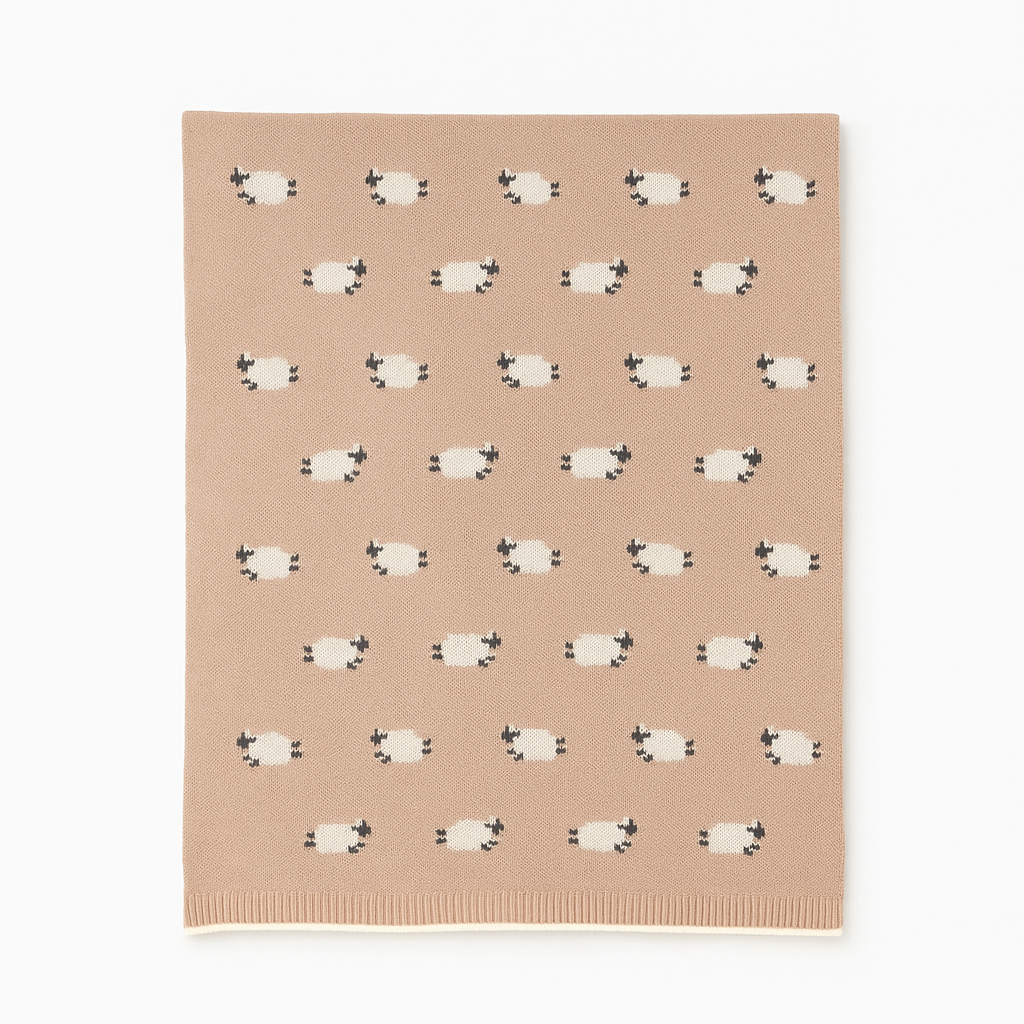 Cotton Baby Blanket with Sheep - Beige