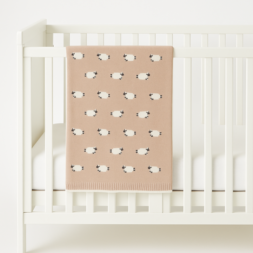 Cotton Baby Blanket with Sheep - Beige