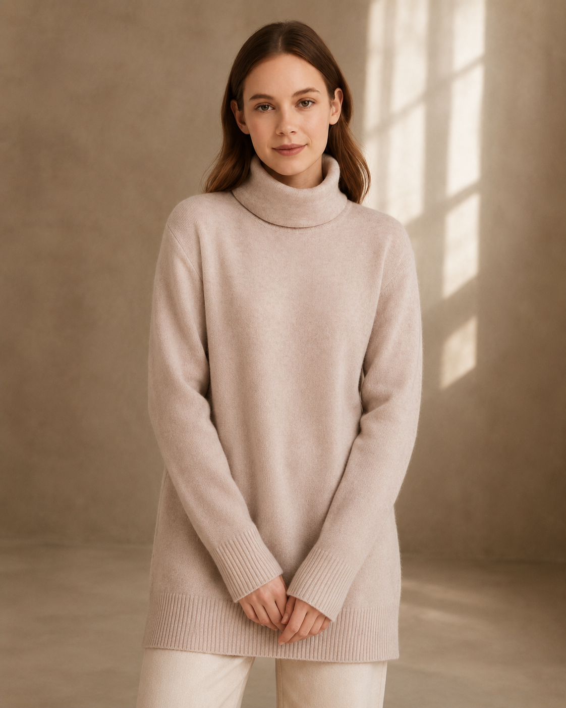Cashmere Wool Long Turtleneck - Beige