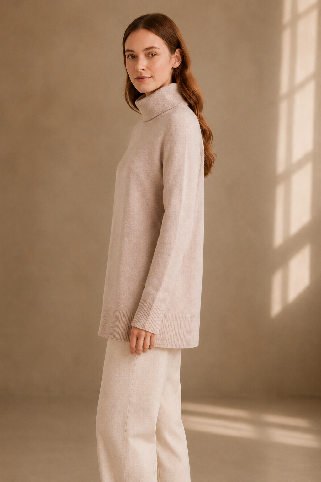 Cashmere Wool Long Turtleneck - Beige