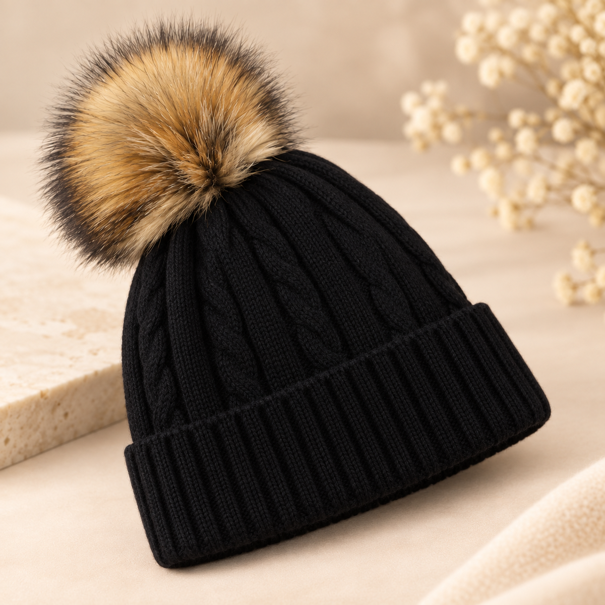 Cable-Knit Hat with Pompom