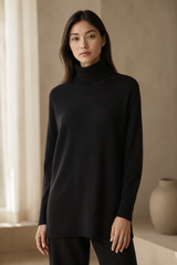 Cashmere Wool Long Turtleneck - Black