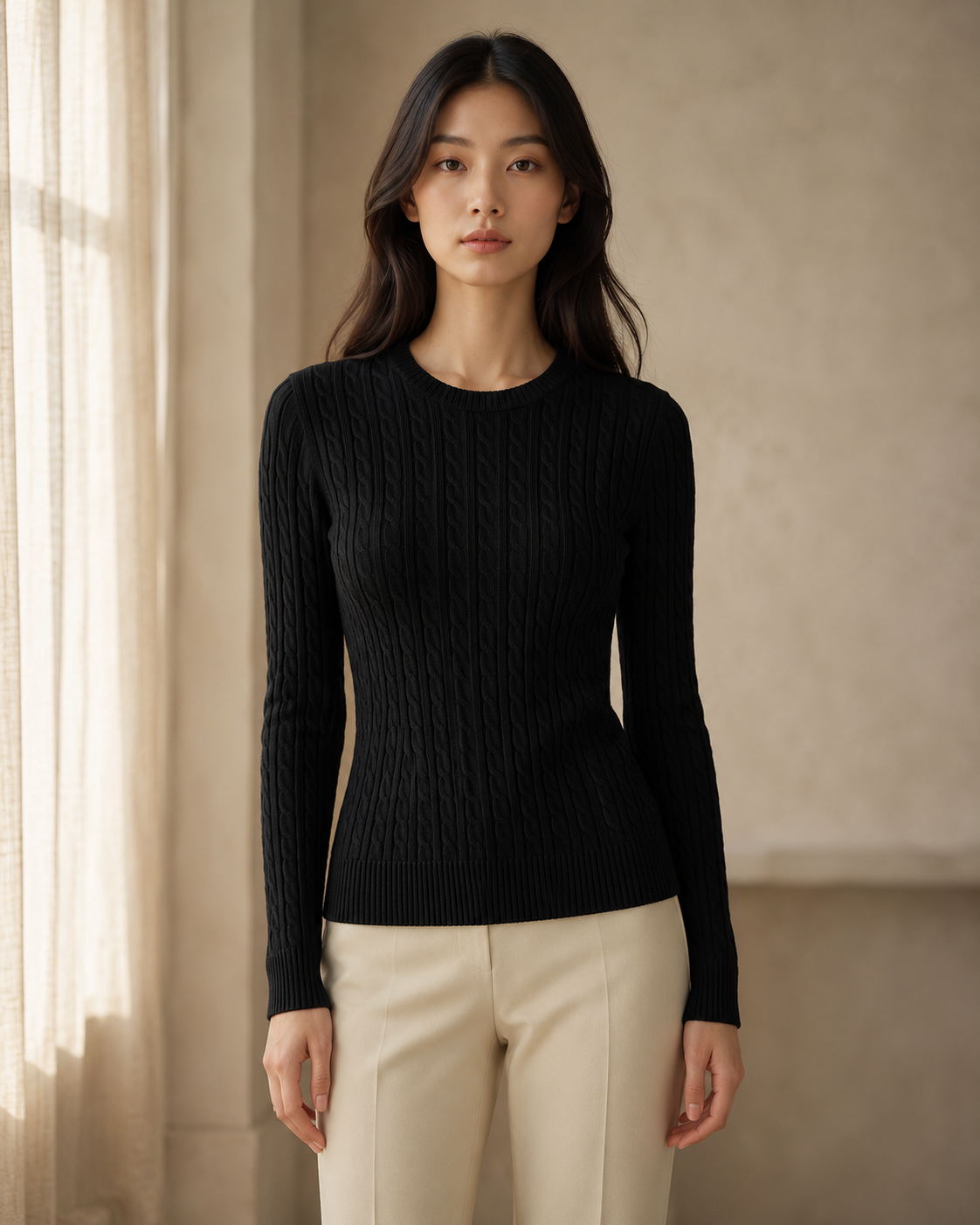 Cotton Cable Crewneck - Black