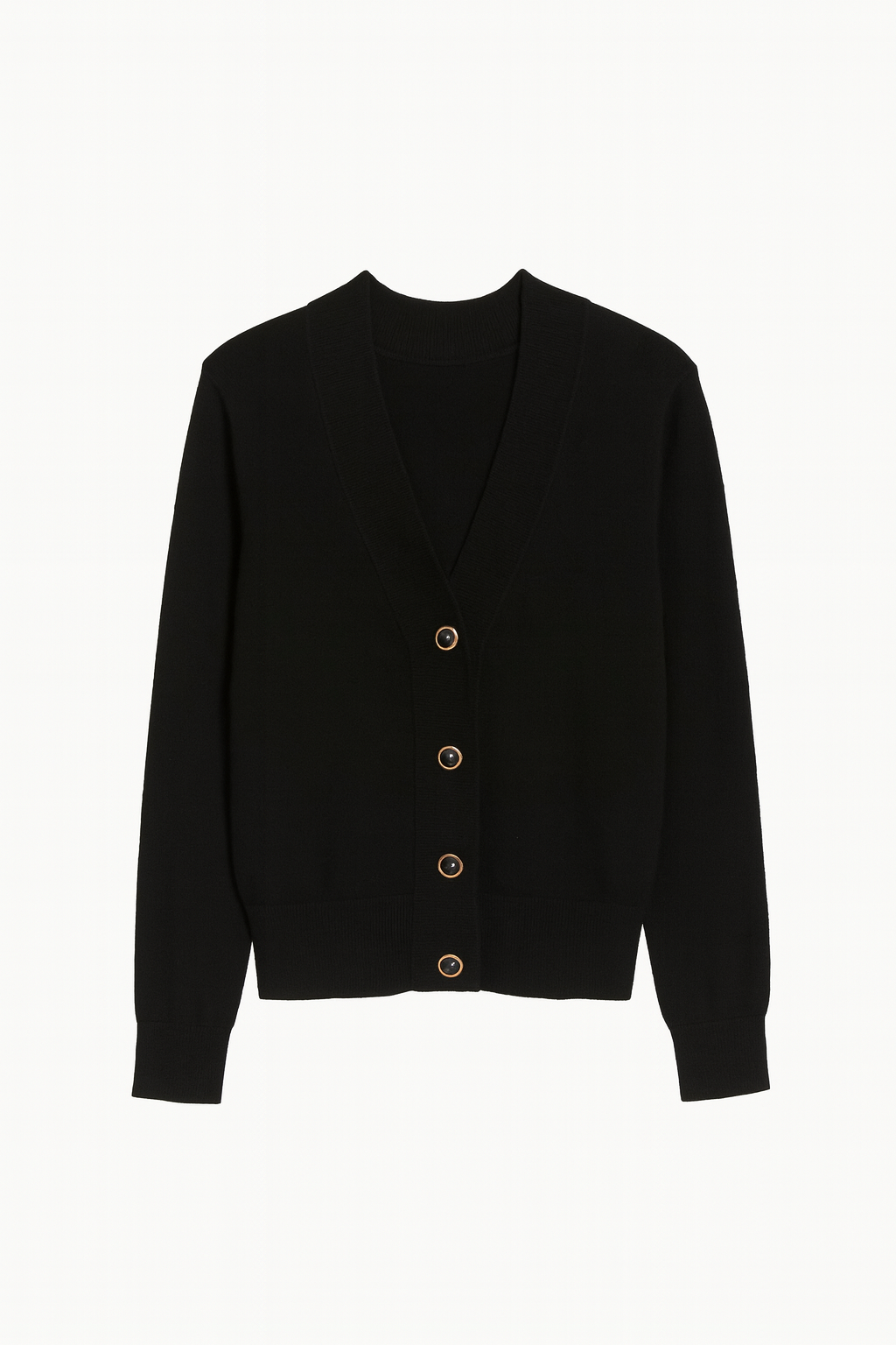 Black cashmere wool cardigan with buttons on a white background
