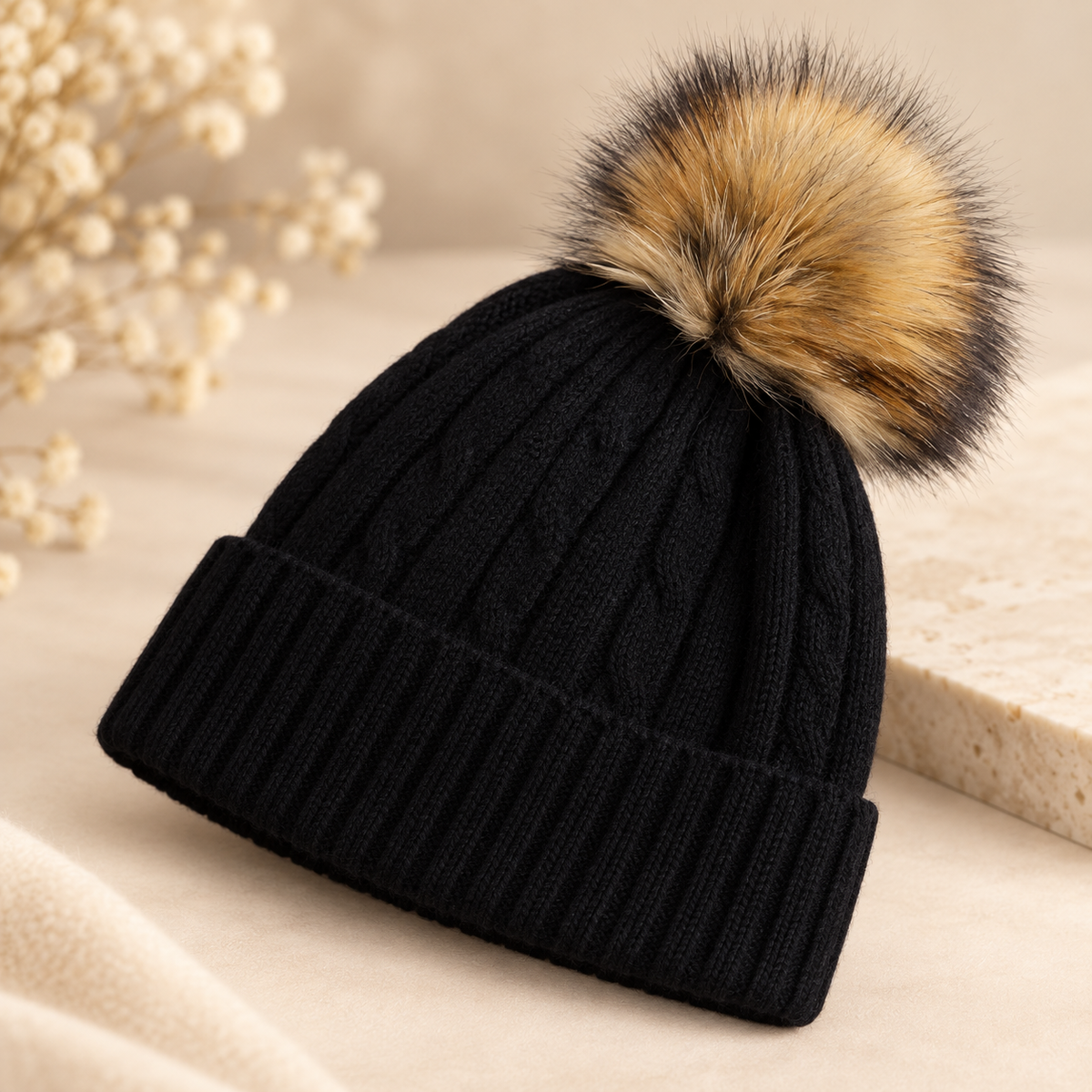 Cable-Knit Hat with Pompom