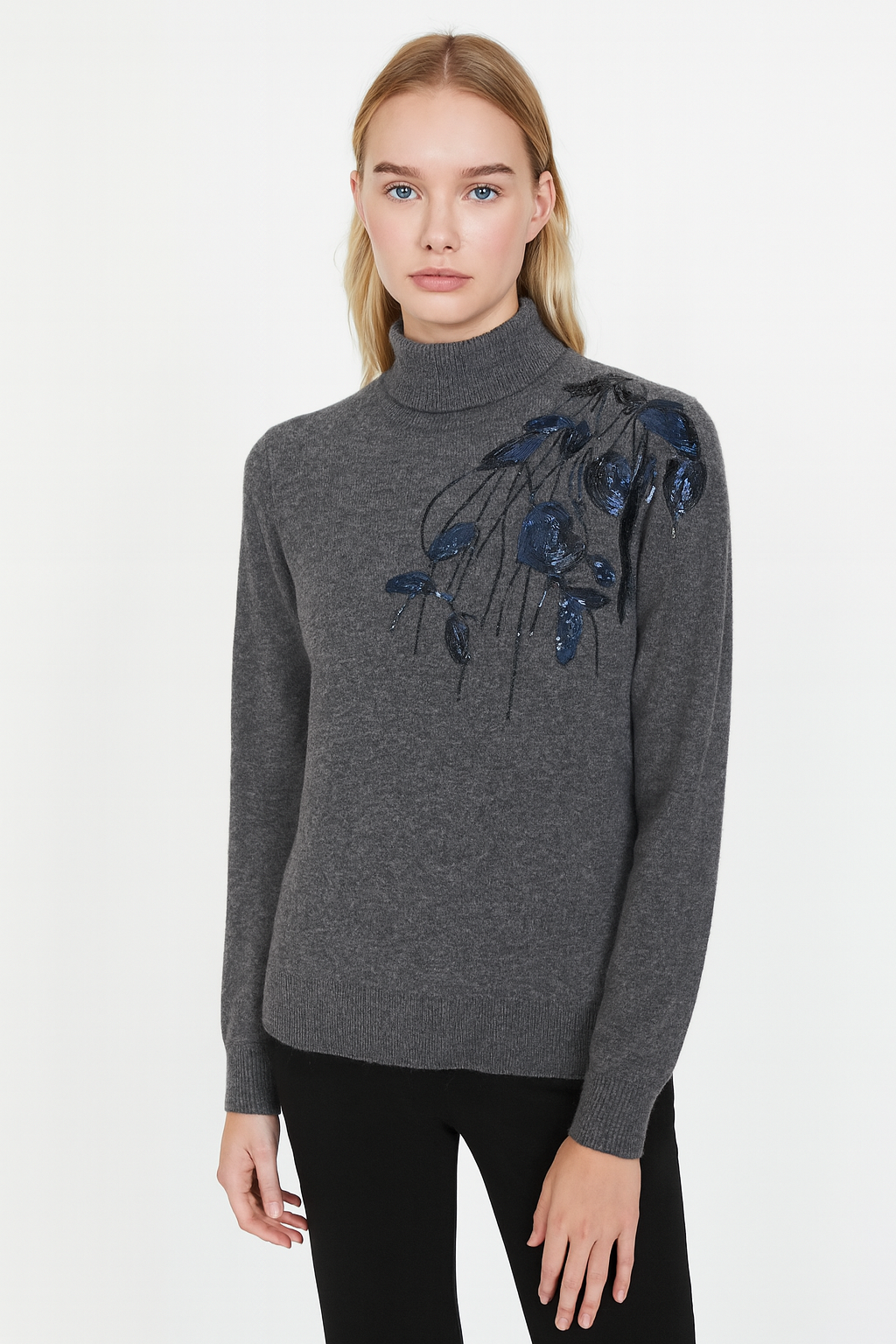 Cashmere Wool Sequin Emblellished Sweater - Grey
