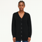 Full length view of black luxury wool cashmere cardigan with gold buttons and ribbed cuffs.