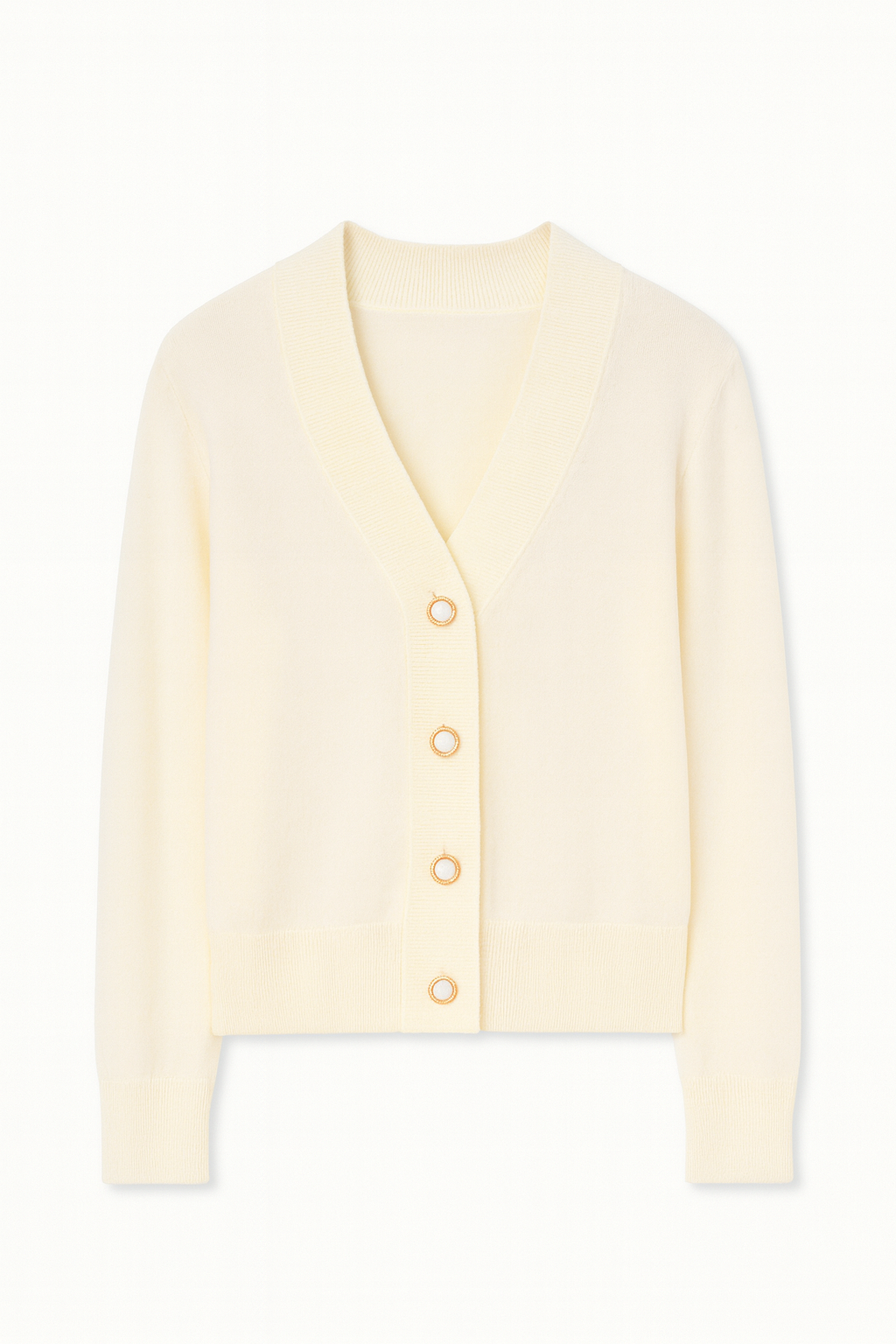 Cream-colored cashmere wool cardigan with buttons on a white background