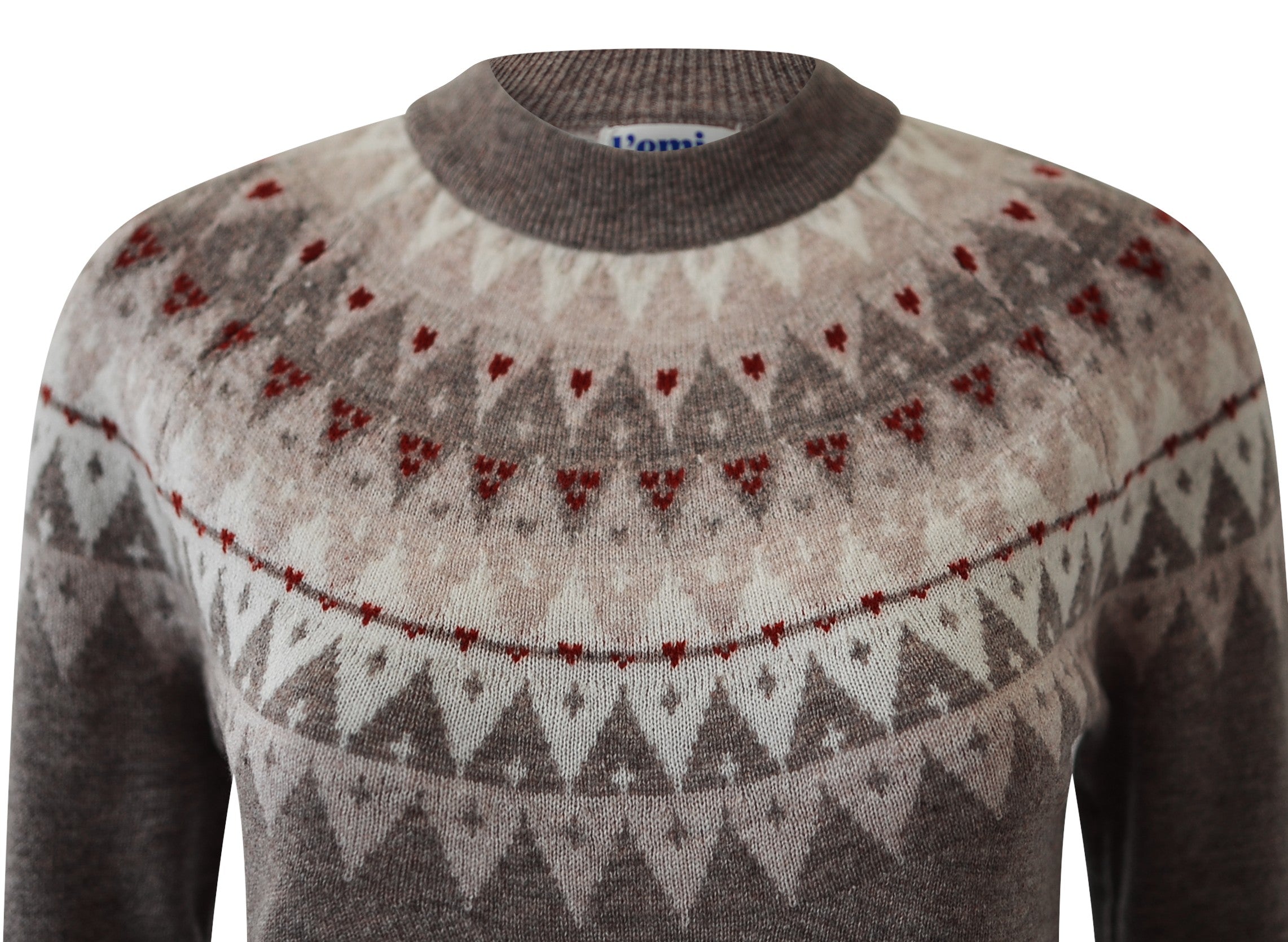 Fair Isle Cashmere Wool Crewneck Unisex Ski Sweater - Brown