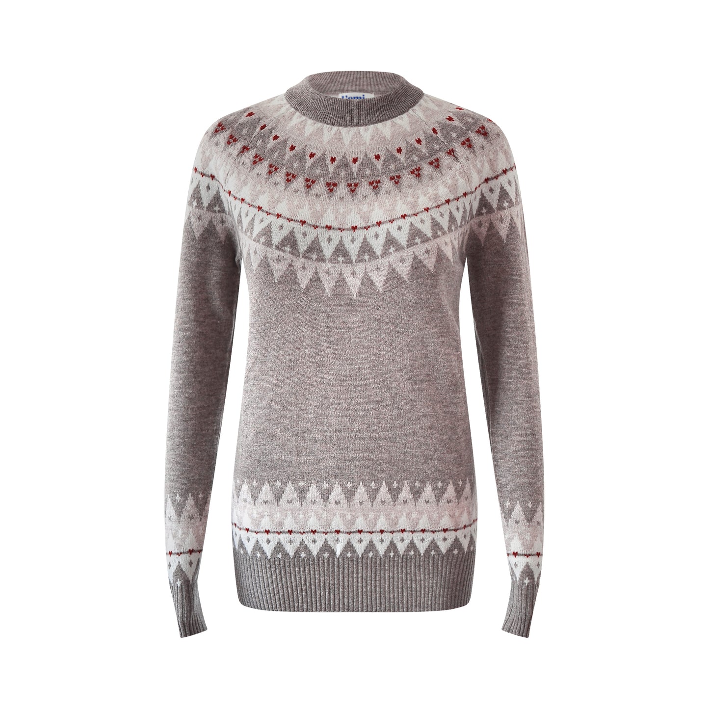 Fair Isle Cashmere Wool Crewneck Unisex Ski Sweater - Brown