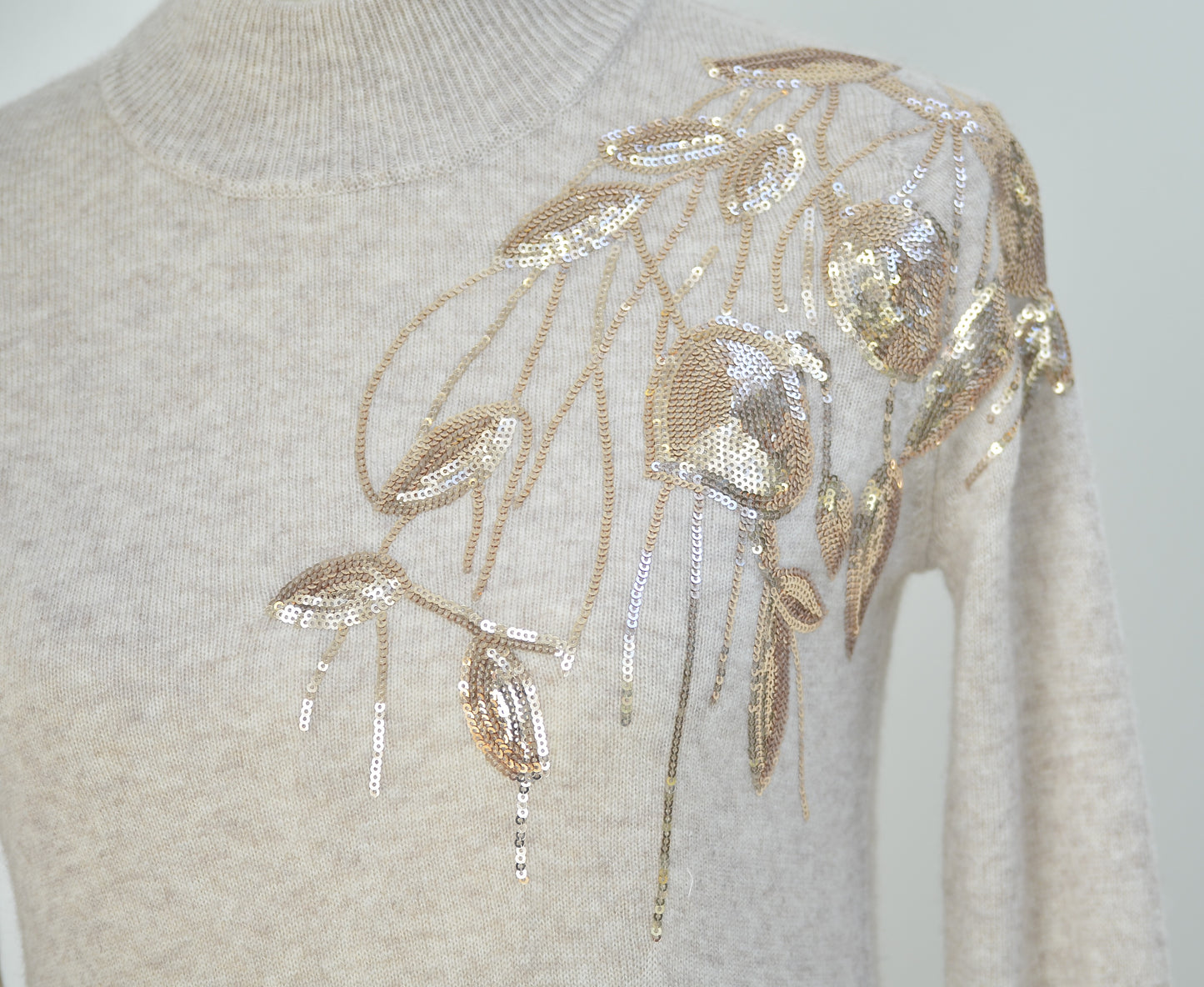 Cashmere Wool Sequin Emblellished Sweater - Beige