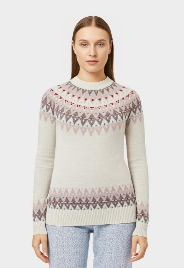 Fair Isle Cashmere Wool Crewneck Unisex Ski Sweater - Cream