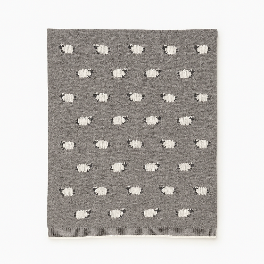 Gray blanket with white sheep pattern on a white background