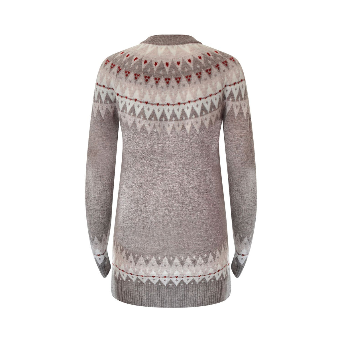 Gray sweater with a pattern on the back against a white background
