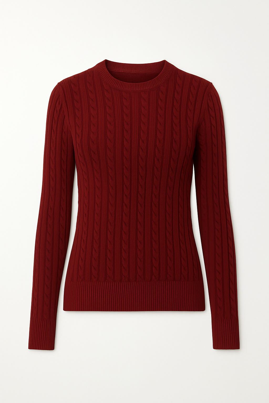 Maroon cable knit cotton sweater on a white background