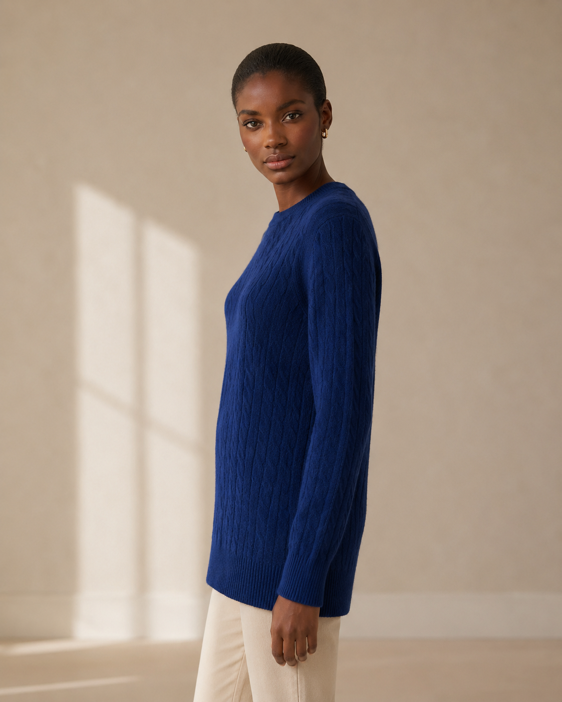 Cashmere Wool Cable Crewneck Unisex Sweater - Navy