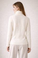 Pure Cashmere Cable Turtleneck Sweater- Cream