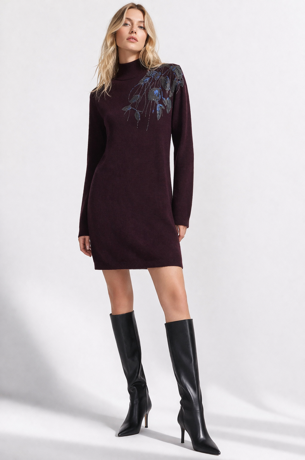 Cashmere Wool Sequin Emblellished Dress - Maroon