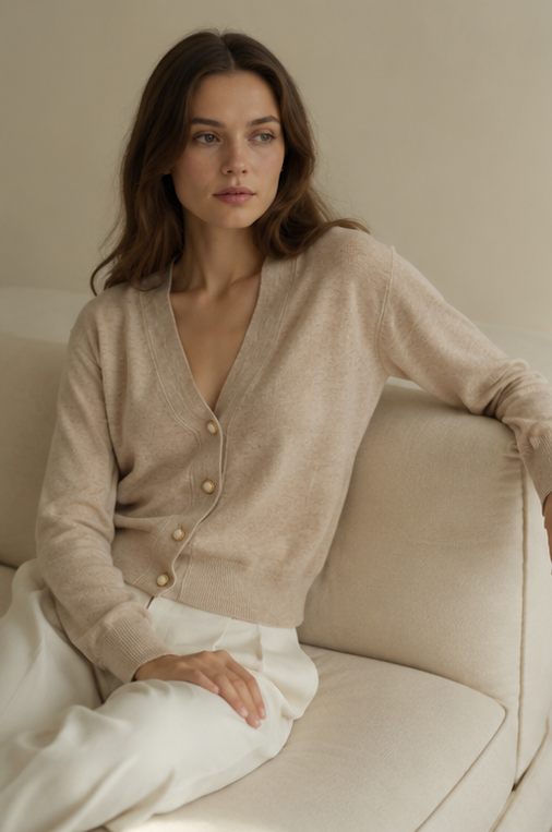 A woman with long brown hair sits on a light beige sofa wearing a beige knit cardigan with cream buttons and white trousers in a softly lit indoor setting.