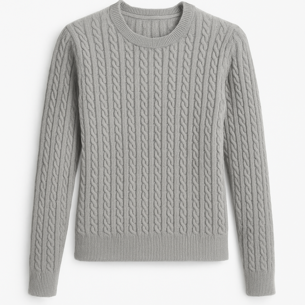 Gray cable knit sweater on a white background