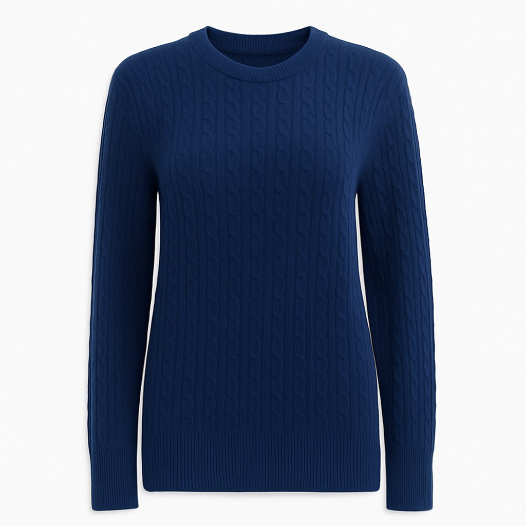 A navy blue cable-knit crewneck sweater displayed on a clean white background.