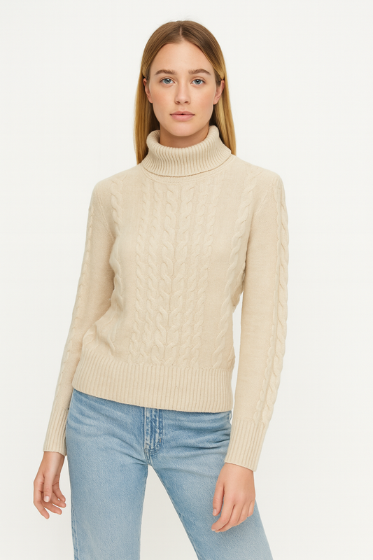 Pure Cashmere Cable Turtleneck Sweater- Beige