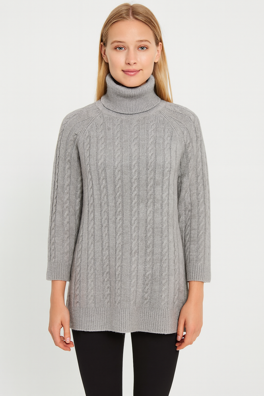 Pure Cashmere Cable Turtleneck Tunic - Gray