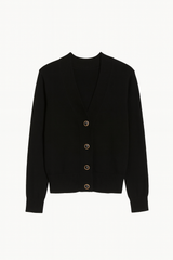 Black cashmere wool cardigan with buttons on a white background