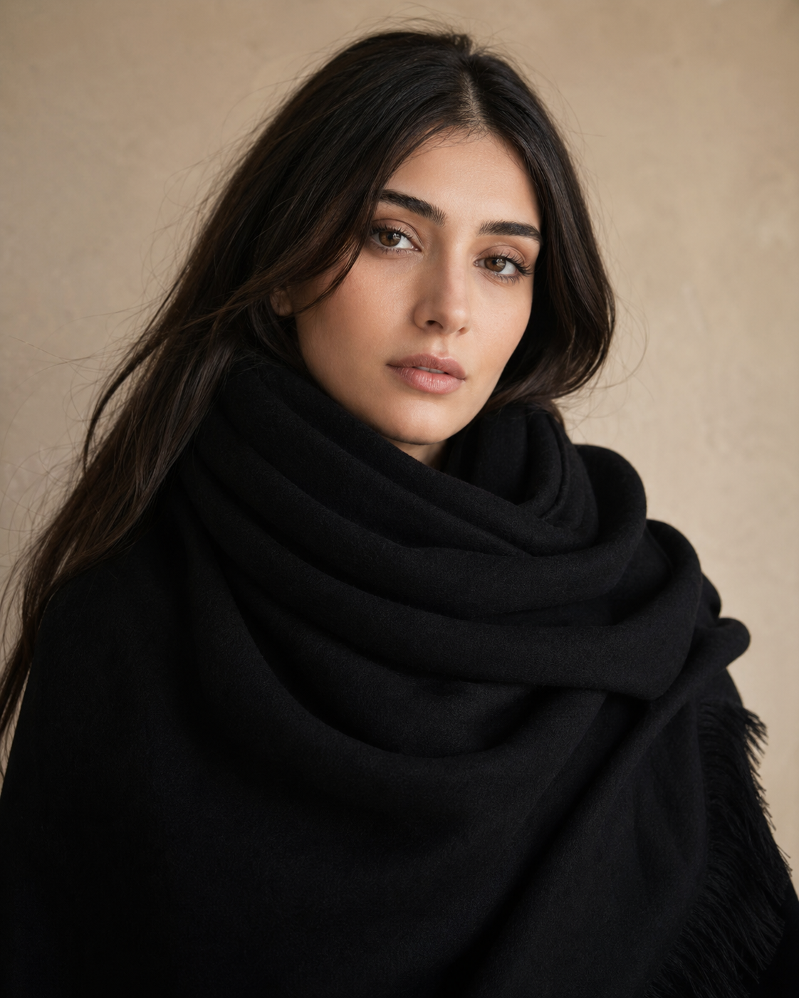 Woman wearing a black giant cashmere scarf against a beige background