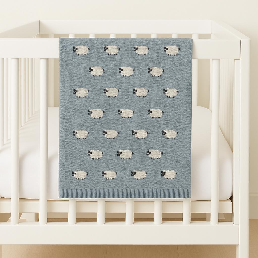 Cotton Baby Blanket with Sheep - Blue