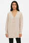 Front view of L'emi long beige cashmere cardigan with V-neck and gold buttons on a model.