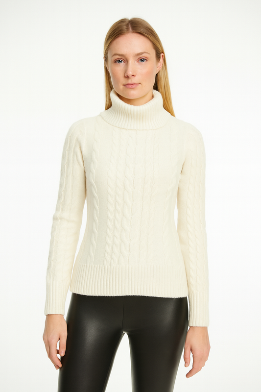 Pure Cashmere Cable Turtleneck Sweater- Cream