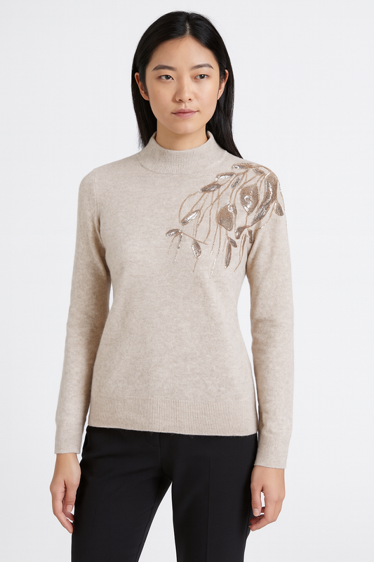 Cashmere Wool Sequin Emblellished Sweater - Beige