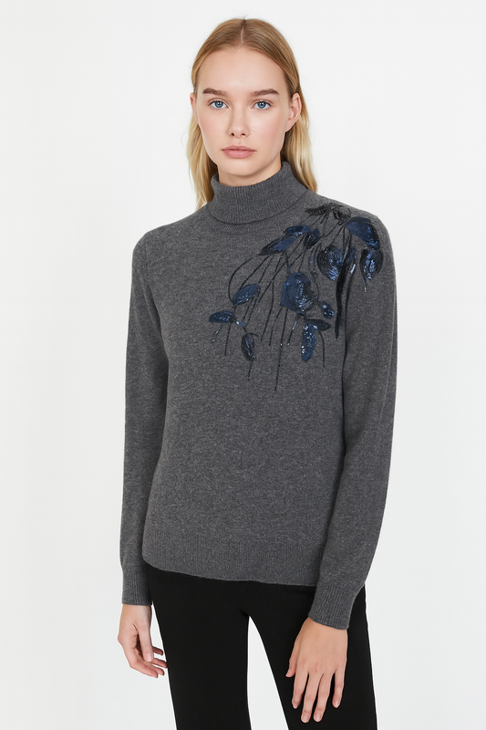 Cashmere Wool Sequin Emblellished Sweater - Grey