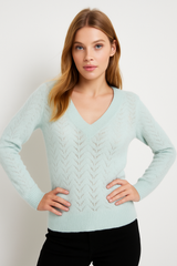 Cashmere Sequin Crochet Vneck Sweater- Mint
