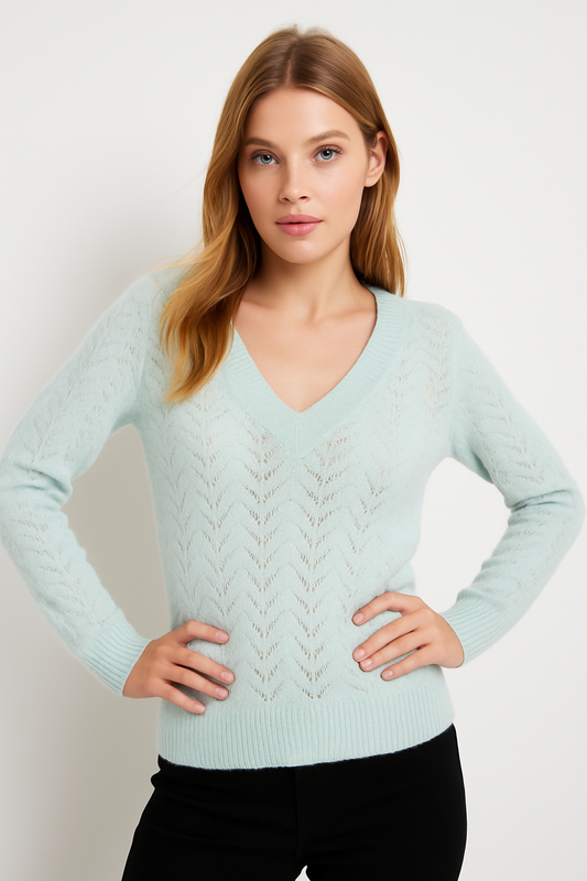 Cashmere Sequin Crochet Vneck Sweater- Mint