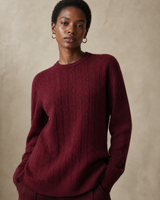 Cashmere Wool Cable Crewneck Unisex Sweater - Wine