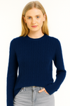 Cashmere Wool Cable Crewneck Unisex Sweater - Navy