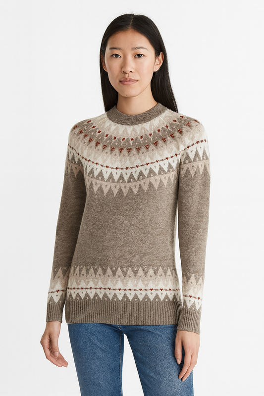 Fair Isle Cashmere Wool Crewneck Unisex Ski Sweater - Brown