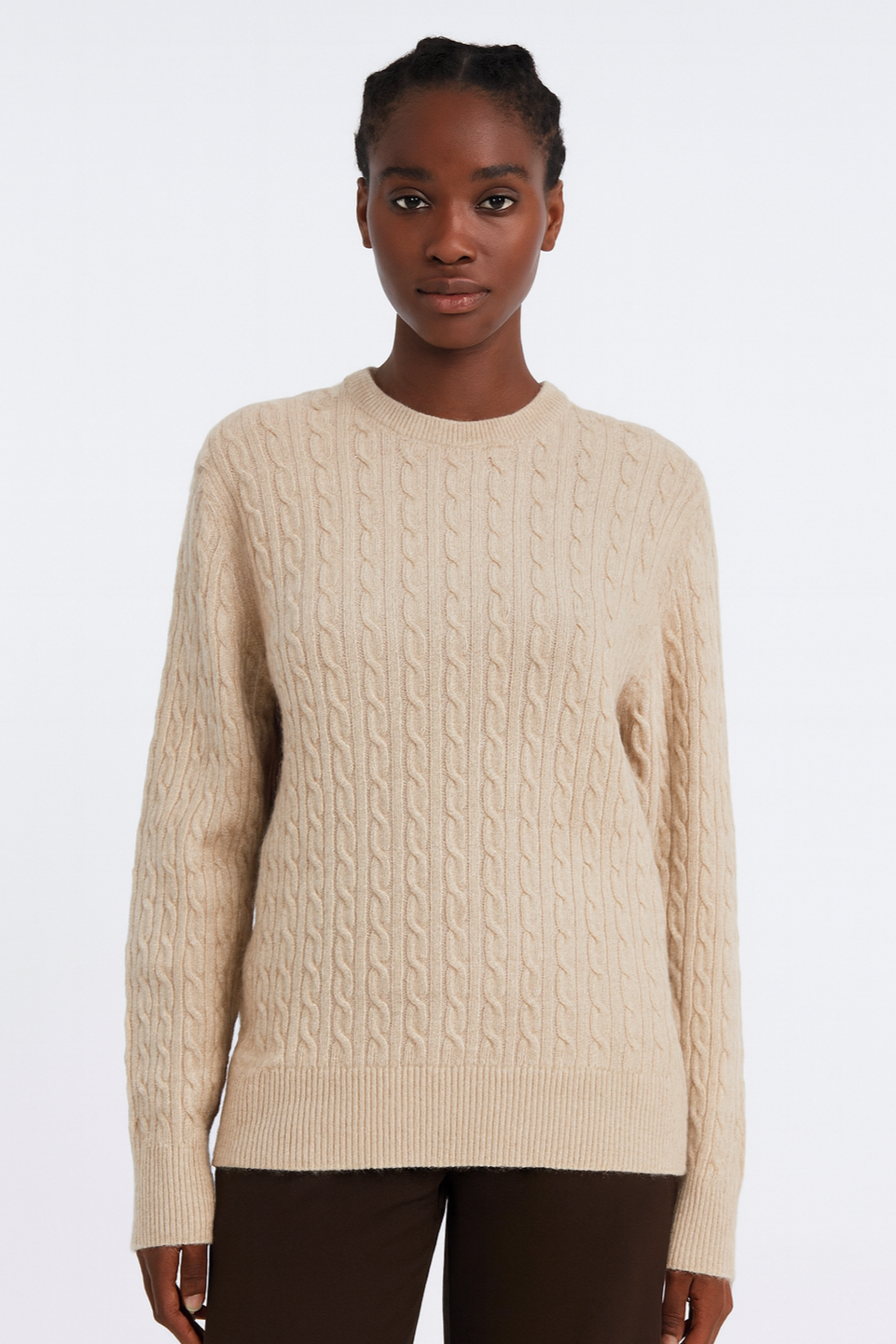 Cashmere Wool Cable Crewneck Unisex Sweater - Beige