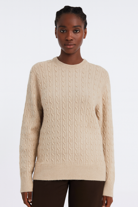 Cashmere Wool Cable Crewneck Unisex Sweater - Beige