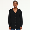 Full length view of black luxury wool cashmere cardigan with gold buttons and ribbed cuffs.