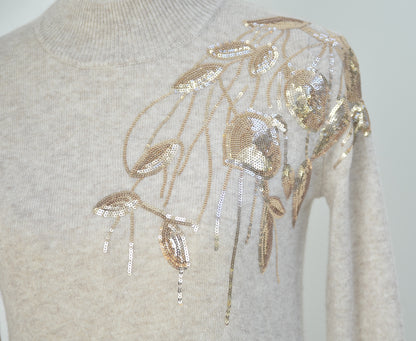 Cashmere Wool Sequin Emblellished Sweater - Beige