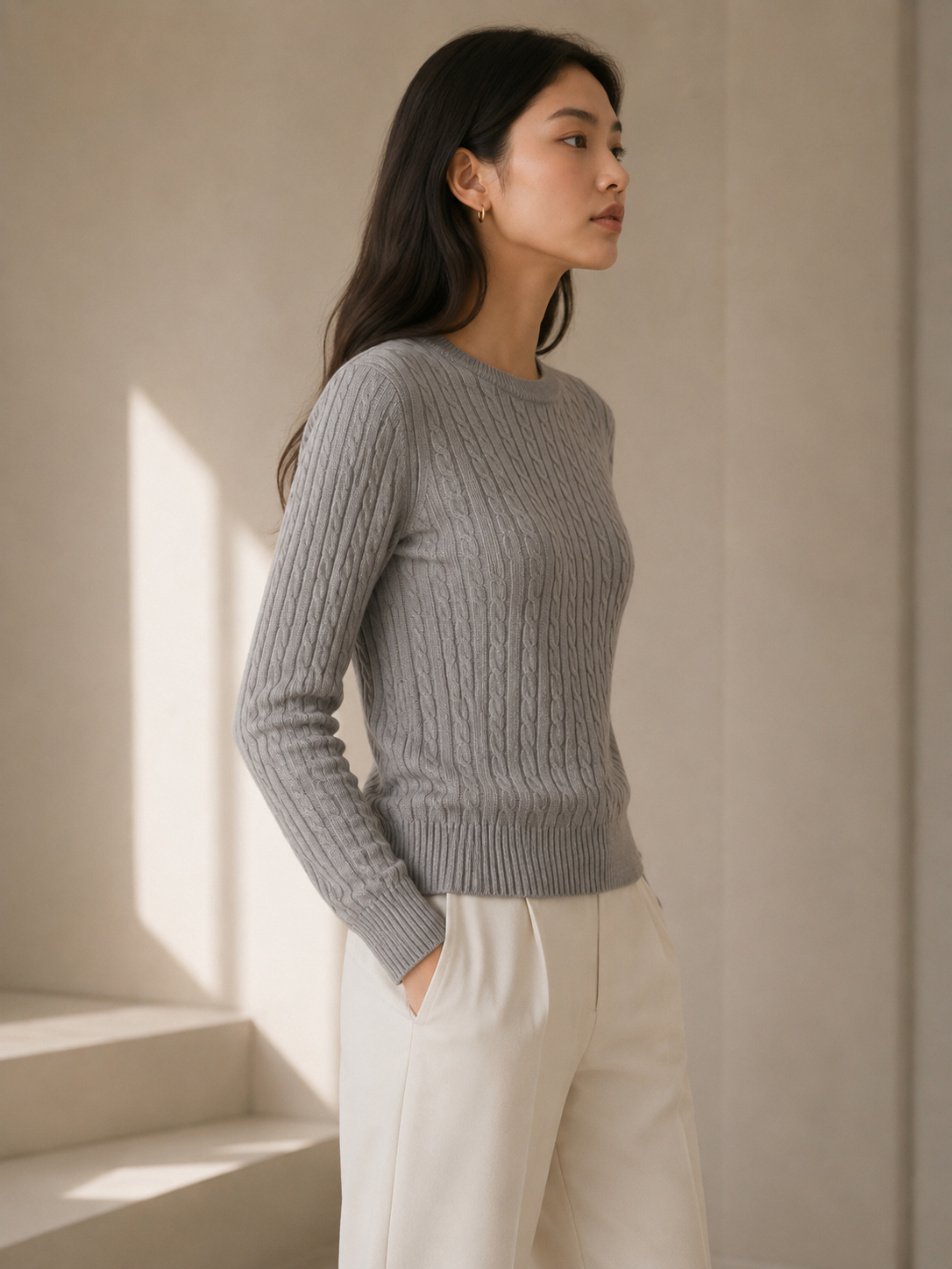 Cotton Cable Crewneck - Gray