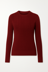 Maroon cable knit cotton sweater on a white background