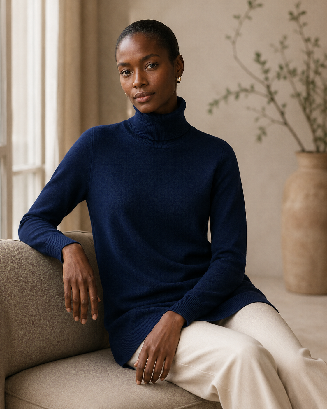 Cashmere Wool Long Turtleneck - Navy