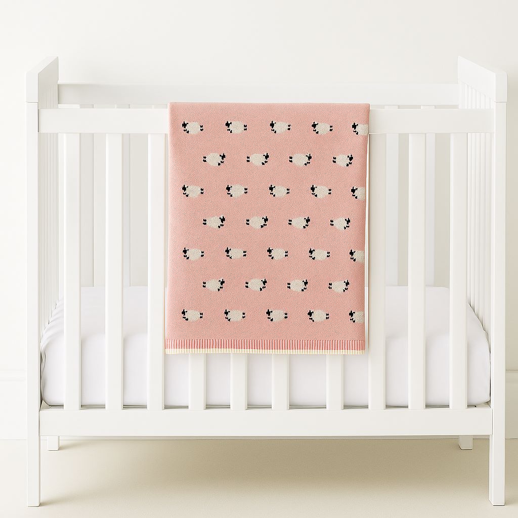 A pink knit baby blanket with a black and white cow pattern draped over the side of a white wooden crib.