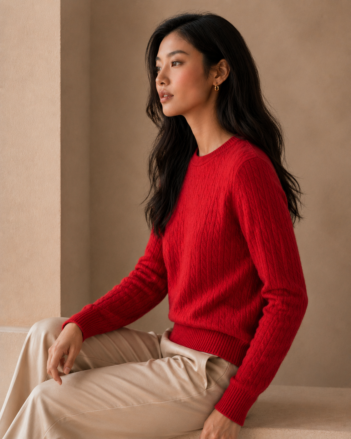Cashmere Wool Cable Crewneck Unisex Sweater - Red